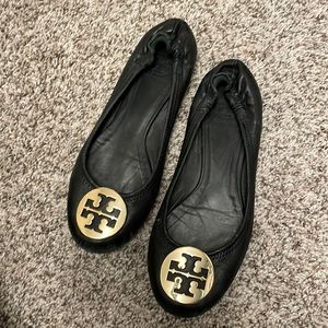 Tory Burch Black and Gold Reva Flats Size 8